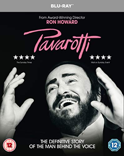 Black-and-white image of a man singing, with "Pavarotti" written in pink above him.