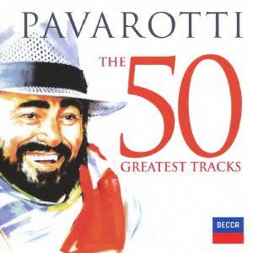 CD cover featuring an illustration of Luciano Pavarotti wearing a hat and red scarf.
