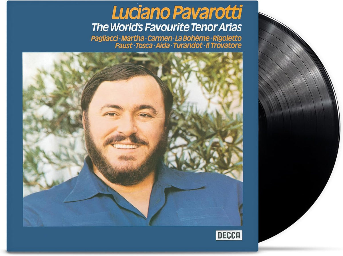Luciano Pavarotti vinyl record cover with portrait and opera titles.