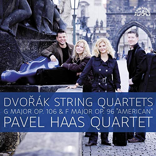 Pavel Haas Quartet album cover with musicians in Prague, blue background.
