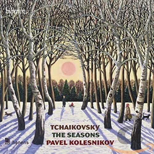 Winter forest scene with figures, album cover for Tchaikovsky’s “The Seasons.”