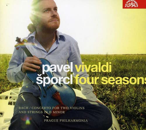 Man with a violin sitting in a field, text overlay with album title.