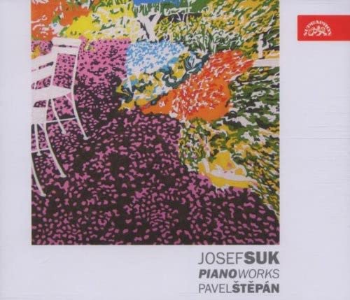 Colorful abstract artwork with chairs and flowers, titled "Josef Suk Piano Works Pavel Stepan".