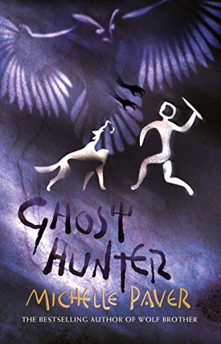 Book cover: cave painting style figures, wolf, and the title "Ghost Hunter".