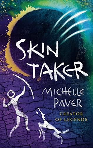 Book cover: "Skin Taker" with claw marks, a wolf, and cave paintings.