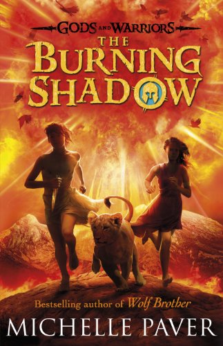 Book cover of "The Burning Shadow" featuring a man, woman, and lion amidst flames.