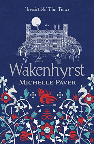 Book cover with a white line drawing of a manor and graveyard under moonlight.