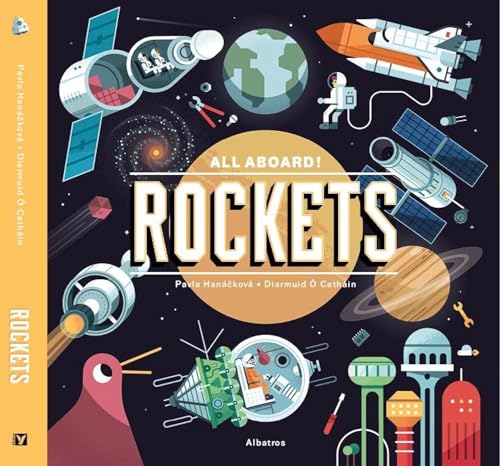 Book cover with illustrated rockets, planets, and a spacewalking astronaut.