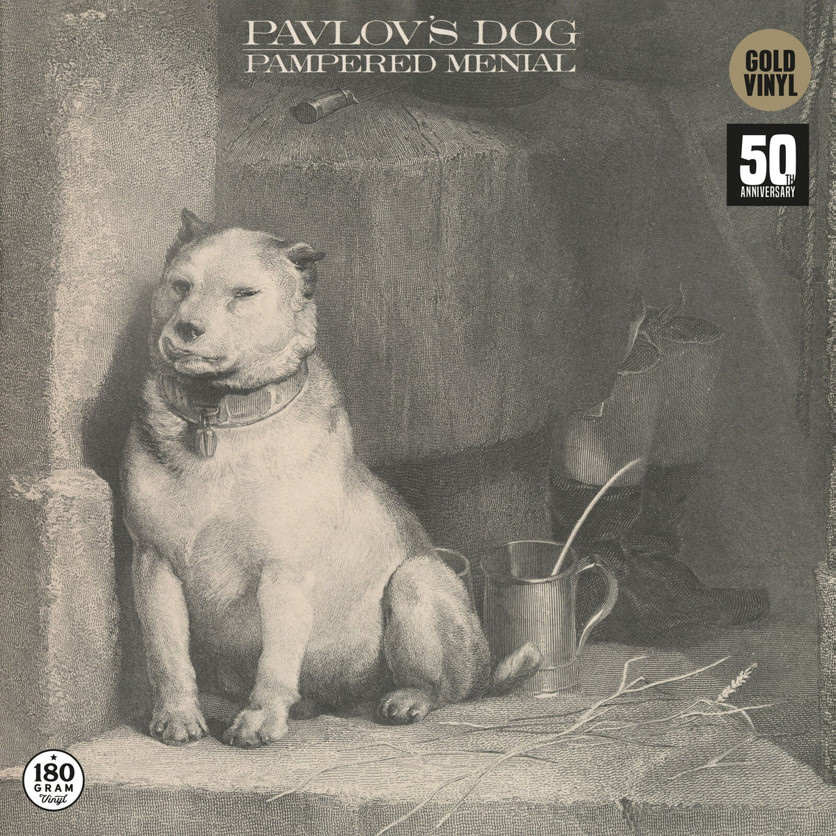 Vintage album cover featuring a dog with a collar and still life objects.