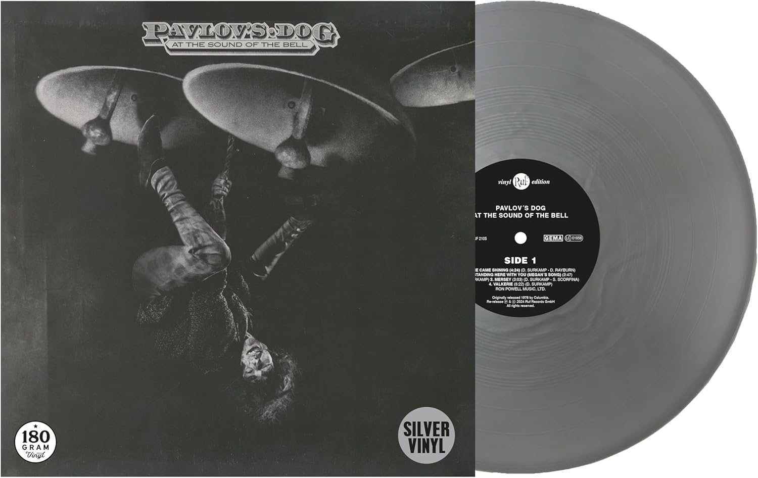 Gray vinyl record with album cover showing a cymbal and falling figure.