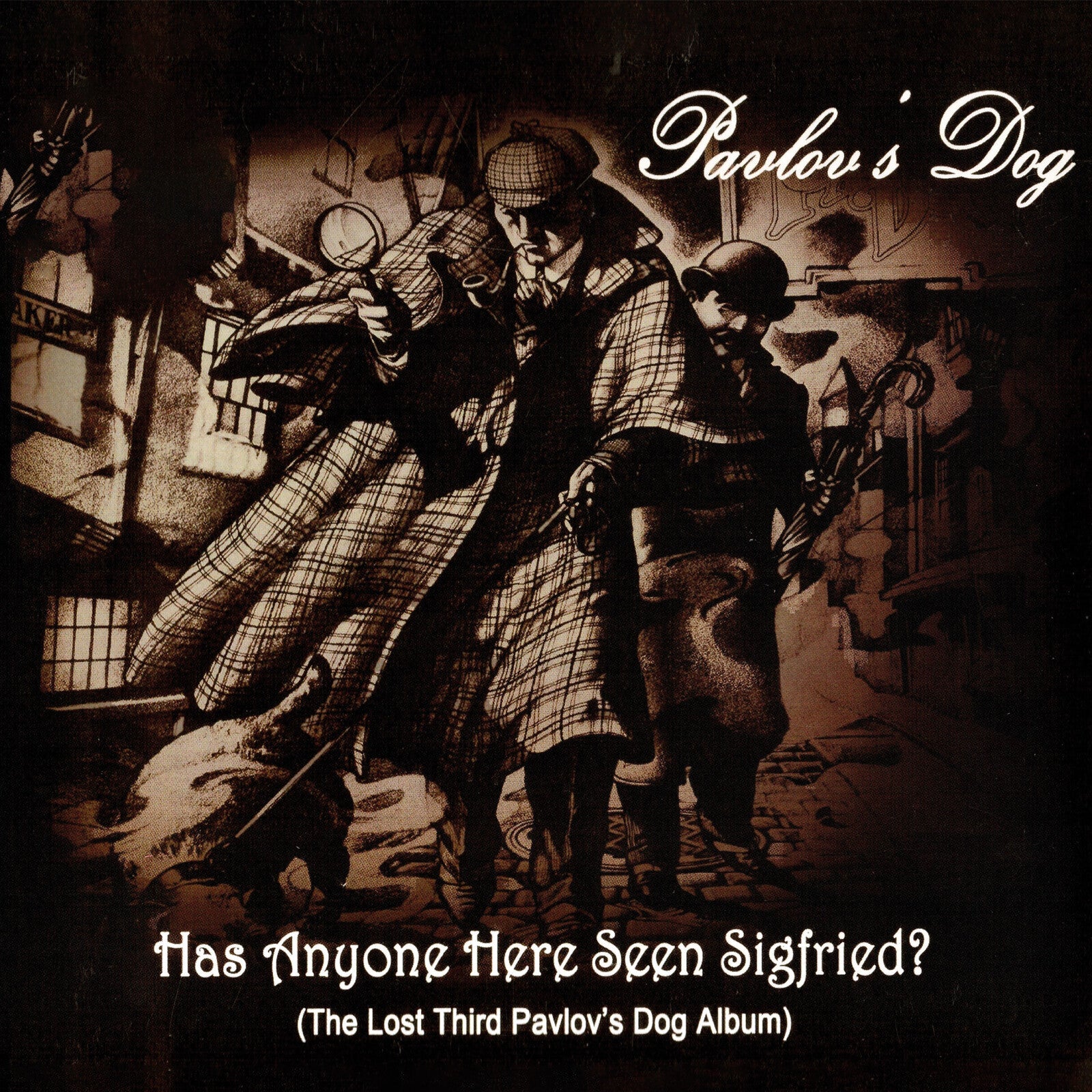Sepia album cover showing two detectives and a dog in a city street.