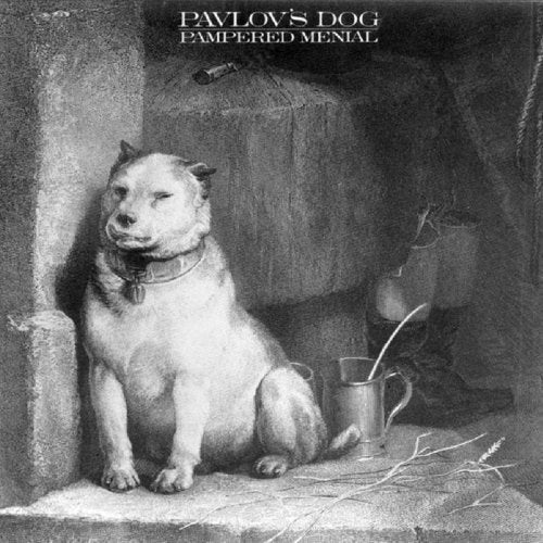 Black and white album cover featuring a dog sitting next to a metal mug.