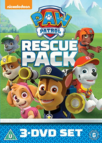 "Paw Patrol Rescue Pack DVD cover featuring cartoon dogs in various costumes on a green field."