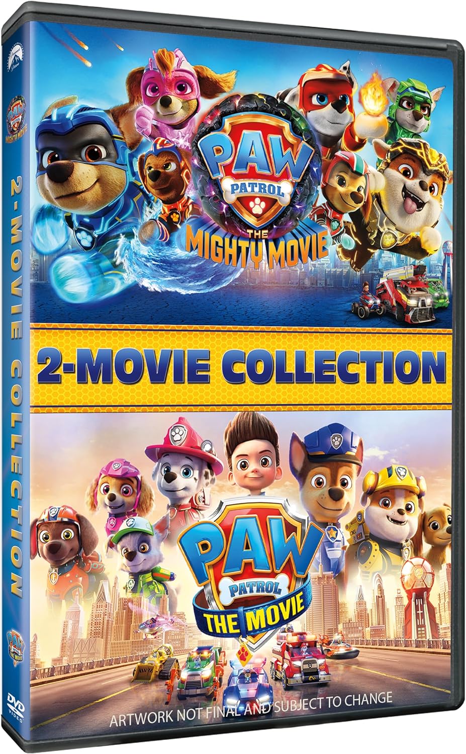 Paw Patrol movie DVD case featuring the pups in action poses.