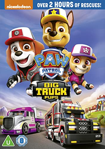 Paw Patrol Big Truck Pups DVD cover featuring Chase, Marshall, and Skye with trucks.