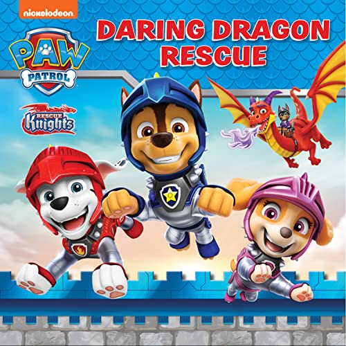 PAW Patrol Rescue Knights characters Chase, Marshall, and Skye with a dragon on book cover.