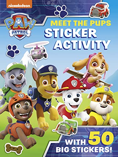 Paw Patrol sticker activity book featuring six smiling puppy characters.