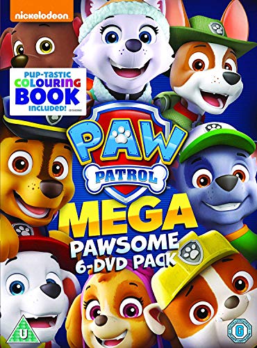 Paw Patrol characters surround the central logo on a blue DVD pack cover.
