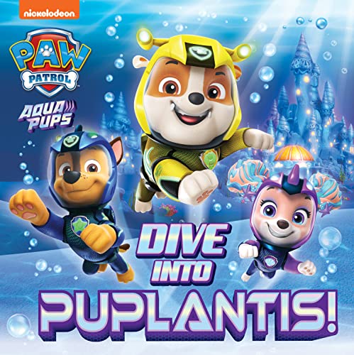 Three PAW Patrol puppies in underwater gear swim against a blue, bubble-filled ocean background.