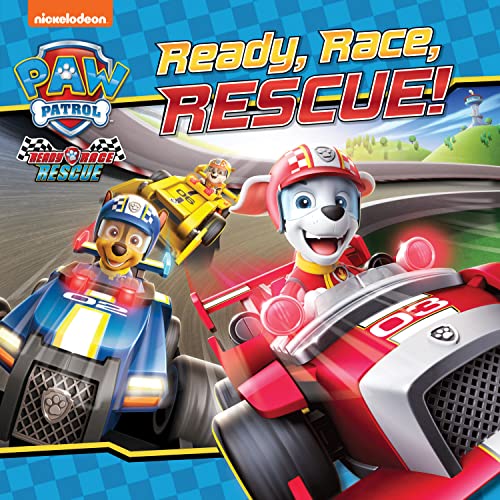 PAW Patrol characters Chase, Marshall, and Rubble racing in colorful vehicles.