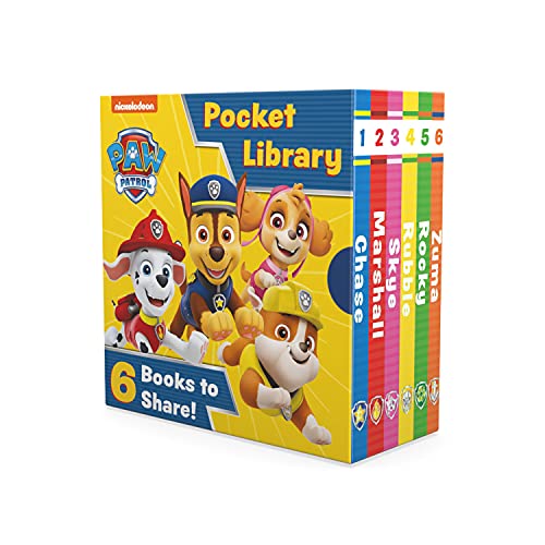 Six Paw Patrol character books stacked together in a blue box.