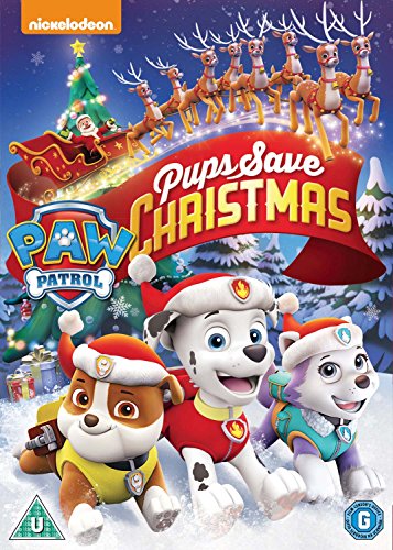 Paw Patrol characters Marshall, Rubble, and Everest wearing Santa hats in a snowy scene.