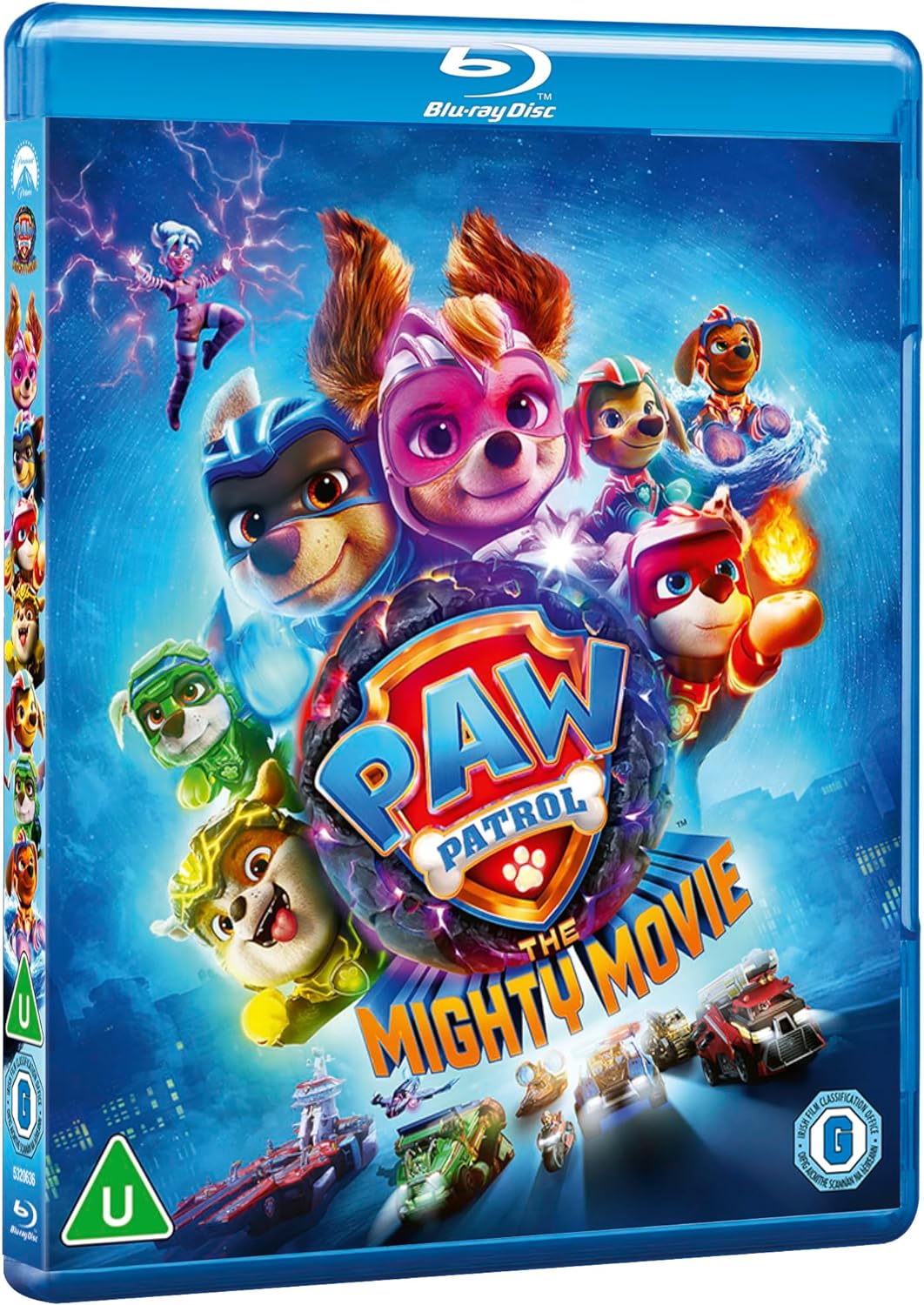 Blu-ray cover for "Paw Patrol The Mighty Movie" featuring the pups as superheroes.