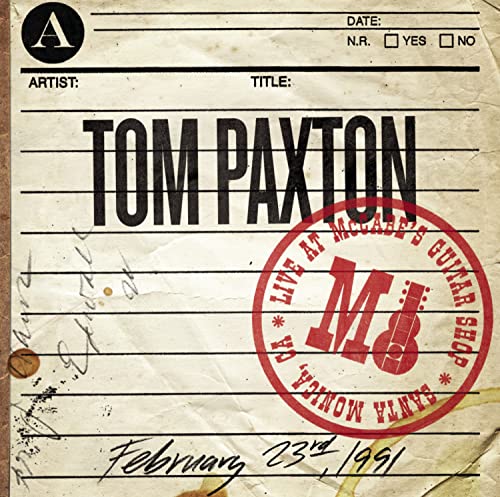 Tom Paxton's album cover with a red stamp and handwritten notes on aged paper.