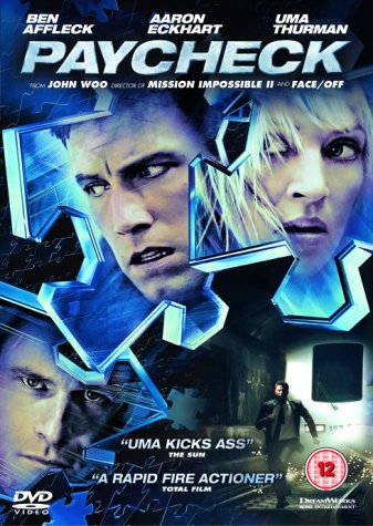 Paycheck DVD cover featuring Ben Affleck and Uma Thurman, with blue fractured imagery.