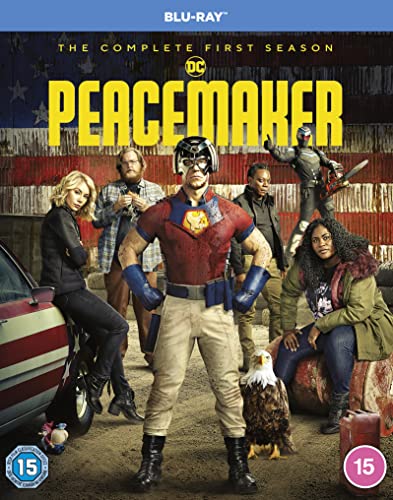 Blu-ray cover art featuring the Peacemaker cast standing in front of an American flag.