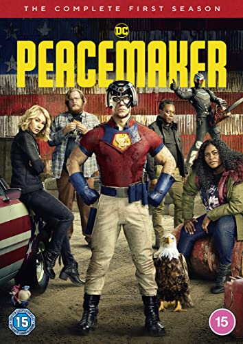 Peacemaker and team stand before an American flag backdrop, DVD cover.