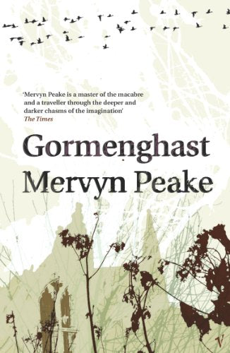 Book cover for Gormenghast by Mervyn Peake featuring birds, silhouettes, and a pale background.