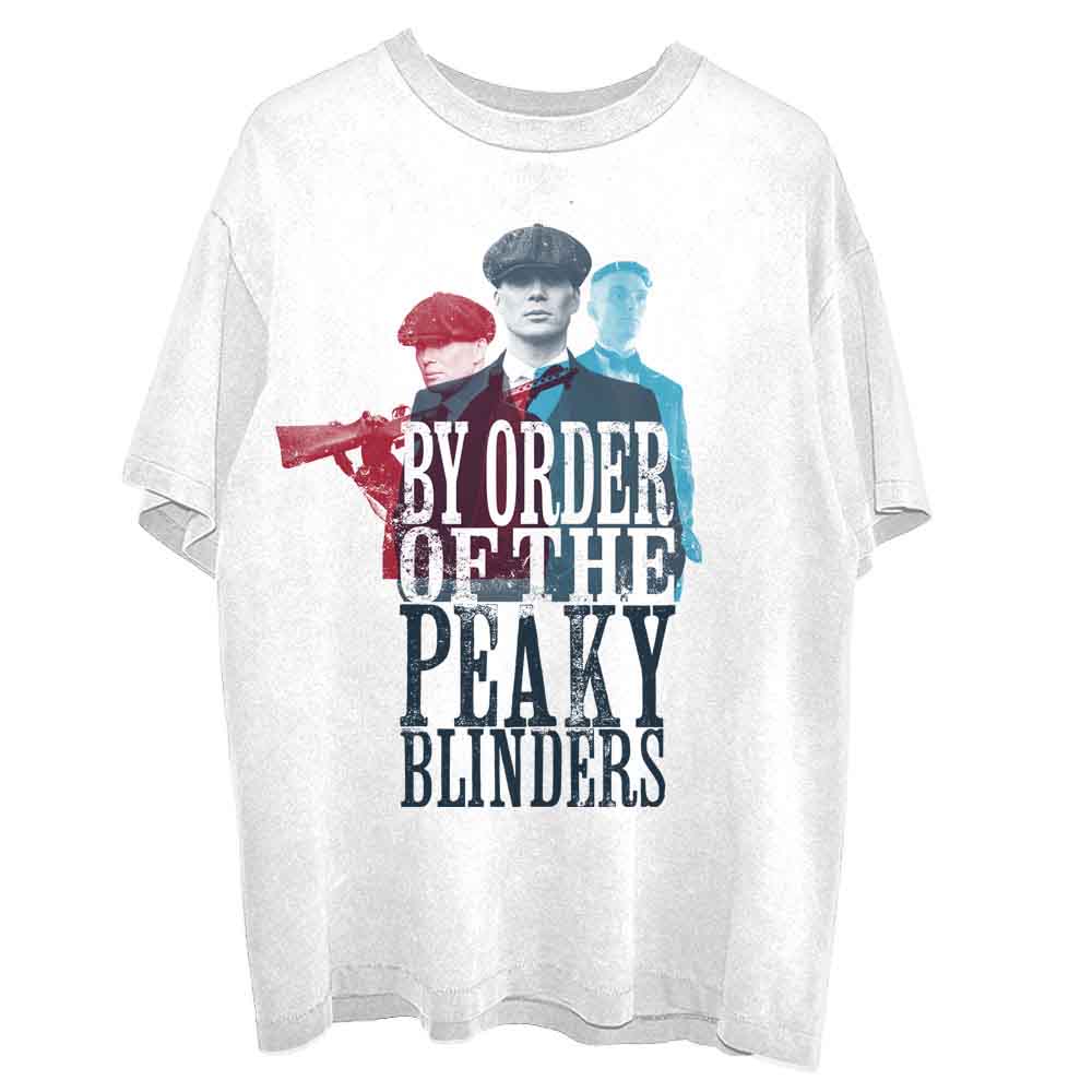 White t-shirt with Peaky Blinders characters and "By Order" text.