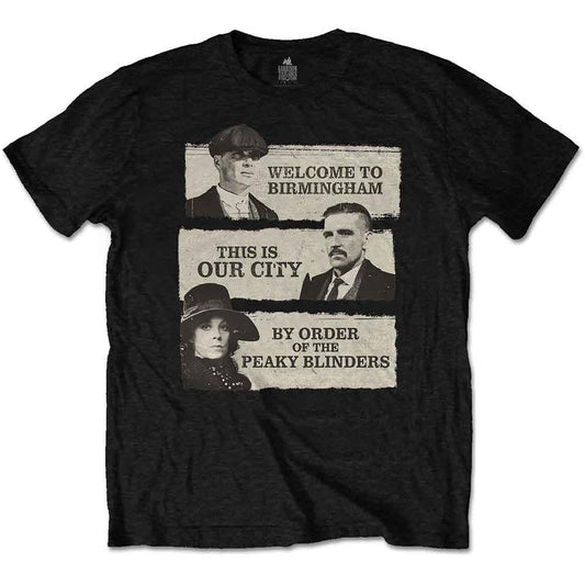 Black Peaky Blinders t-shirt with character portraits and text.