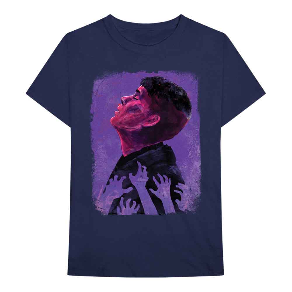 Navy blue t-shirt with a graphic of a man being pulled down.