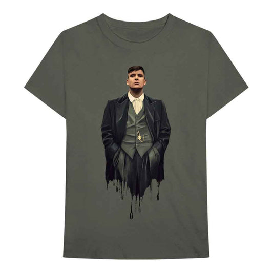 Green t-shirt with a dripping portrait of Tommy Shelby from Peaky Blinders.
