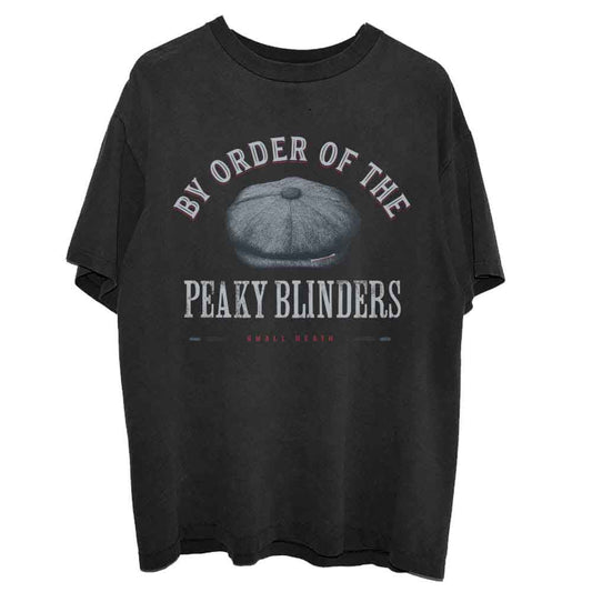 Black t-shirt with a flat cap graphic and Peaky Blinders text on the front.