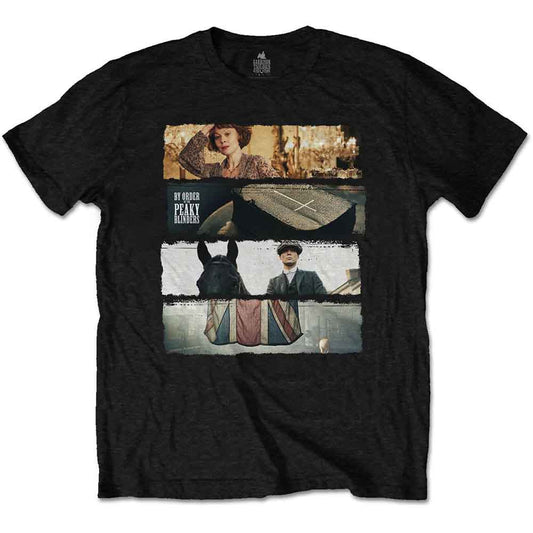 White t-shirt with a collage of images from the show Peaky Blinders.