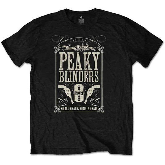 Man wearing a black t-shirt with “Peaky Blinders” graphic design.