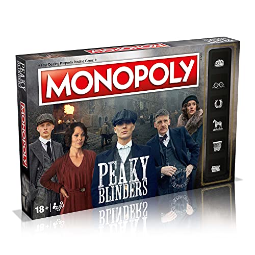 Monopoly game box with Peaky Blinders characters on a grey background.