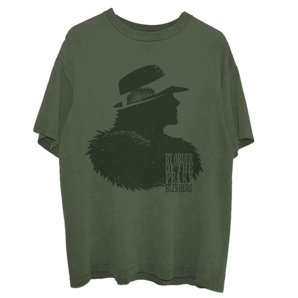 Green t-shirt with a silhouette of Polly Gray from Peaky Blinders.