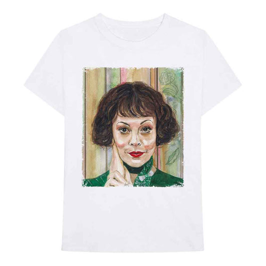 White t-shirt with a painted portrait of Polly Gray from Peaky Blinders.