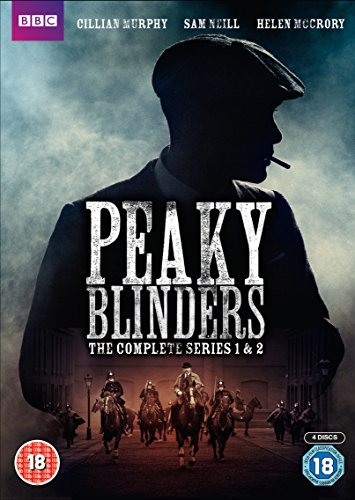 DVD cover for "Peaky Blinders" series 1-2, featuring a man and horseback riders.