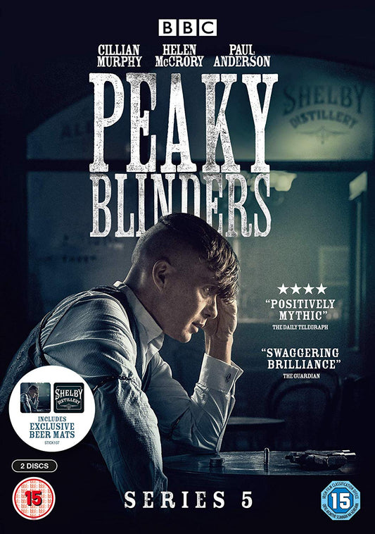 "Peaky Blinders Series 5 DVD cover featuring a man sitting at a table, head in hand."