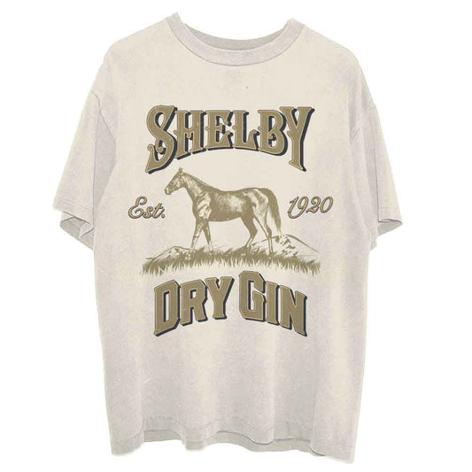 Beige t-shirt with "Shelby Dry Gin" logo and horse illustration.