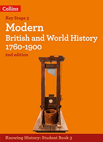 Orange textbook cover with a guillotine image, titled “Modern British and World History.”