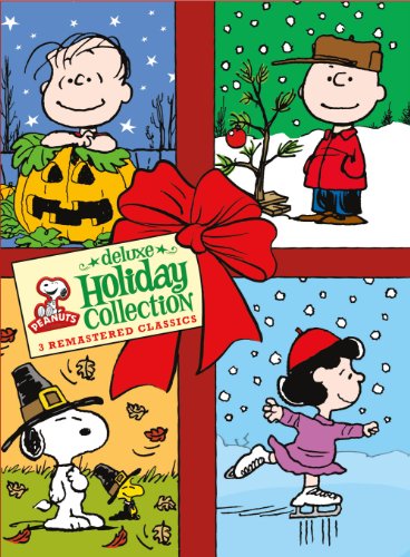 Peanuts characters celebrating Halloween, Christmas, and Thanksgiving on a DVD cover.