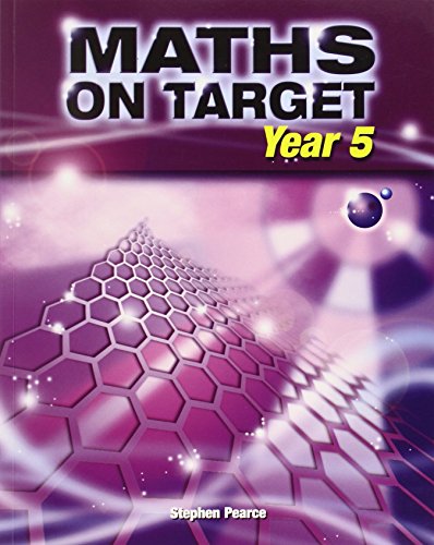 "Maths on Target: Year 5" book cover with purple honeycomb pattern and abstract background.