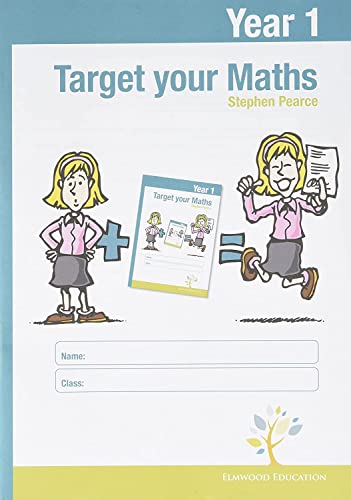 Year 1 maths workbook cover with cartoon children and equations.