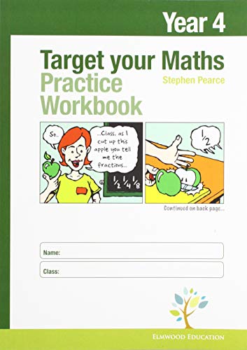 Year 4 maths practice workbook cover with cartoon illustration and name fields.